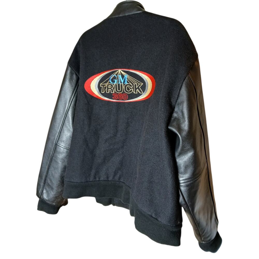 Vintage Mens XL GM Truck 360 Varsity‎ Jacket Black Leather Sleeves Full Snap - Picture 5 of 11